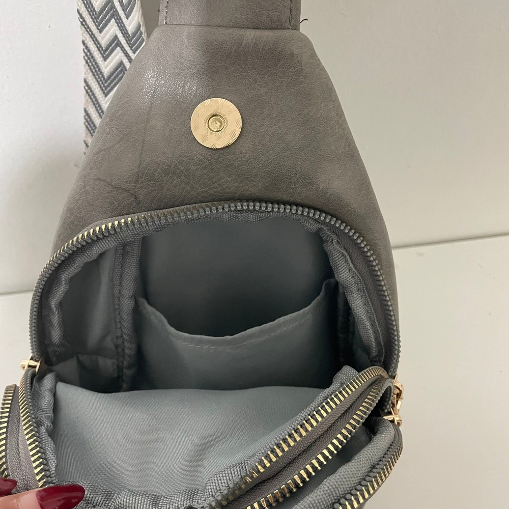 Gray Faux Leather Sling Bag Geometric Strap Crossbody‎ Purse Pouch - Picture 2 of 5